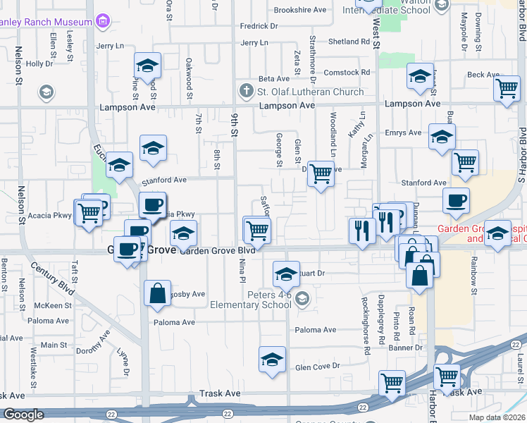 map of restaurants, bars, coffee shops, grocery stores, and more near 12892 Safford East in Garden Grove