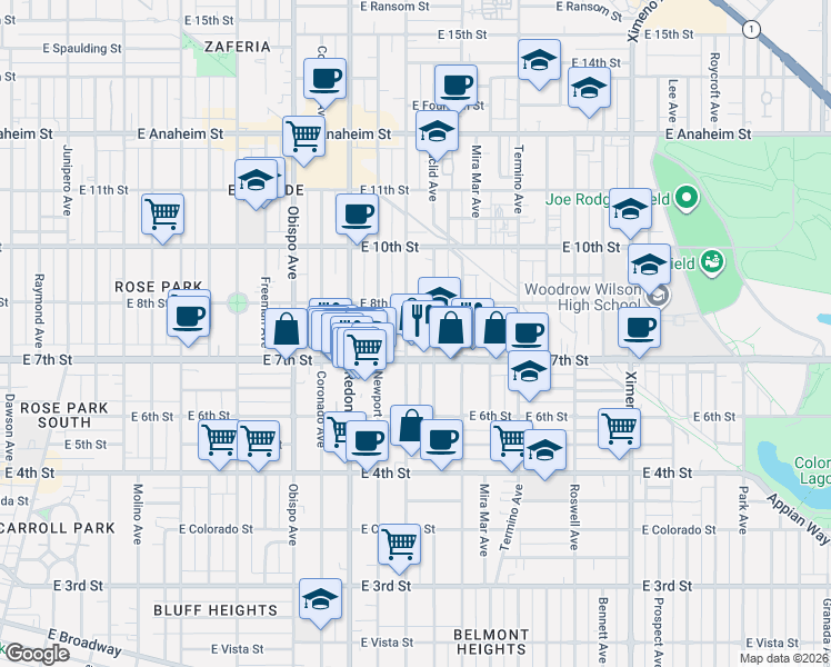 map of restaurants, bars, coffee shops, grocery stores, and more near 3535 East 7th Street in Long Beach