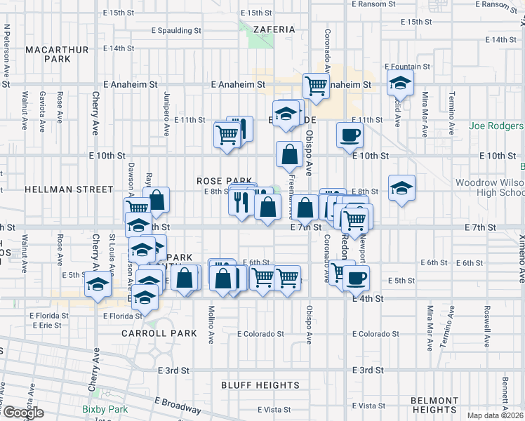 map of restaurants, bars, coffee shops, grocery stores, and more near 2847 East 7th Street in Long Beach