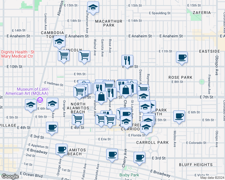 map of restaurants, bars, coffee shops, grocery stores, and more near 1739 East 7th Street in Long Beach
