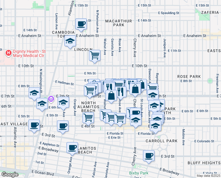 map of restaurants, bars, coffee shops, grocery stores, and more near in Long Beach