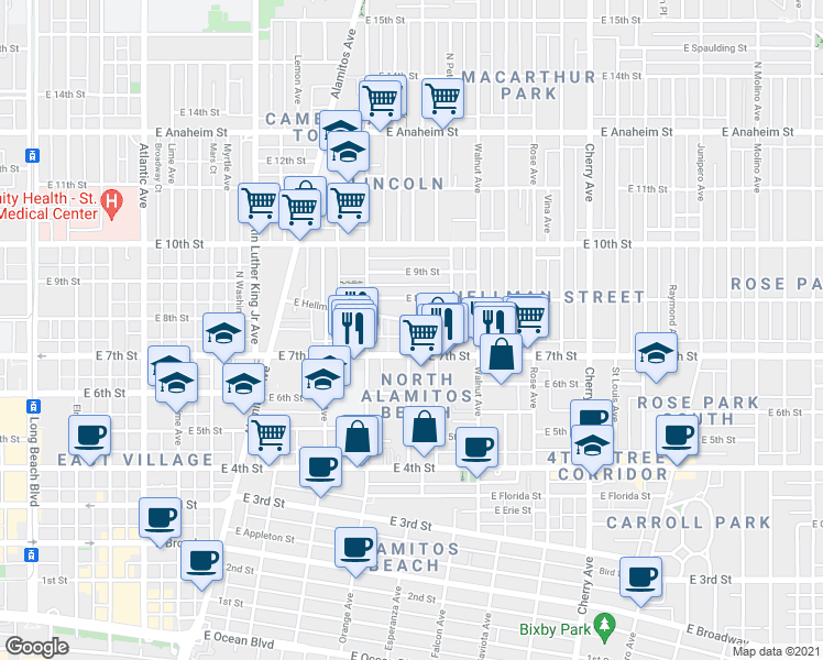 map of restaurants, bars, coffee shops, grocery stores, and more near 1339 East 7th Street in Long Beach