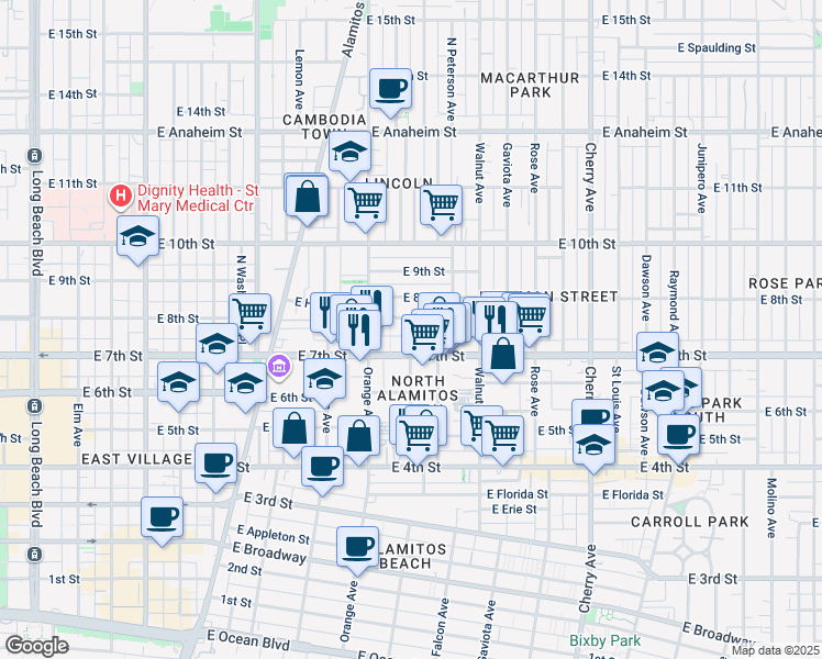 map of restaurants, bars, coffee shops, grocery stores, and more near 1339 East 7th Street in Long Beach
