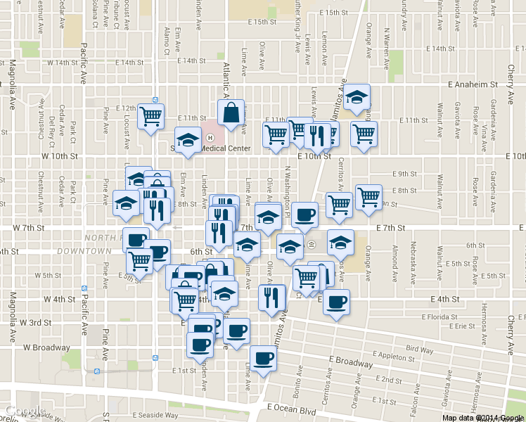 map of restaurants, bars, coffee shops, grocery stores, and more near 707 East 7th Street in Long Beach