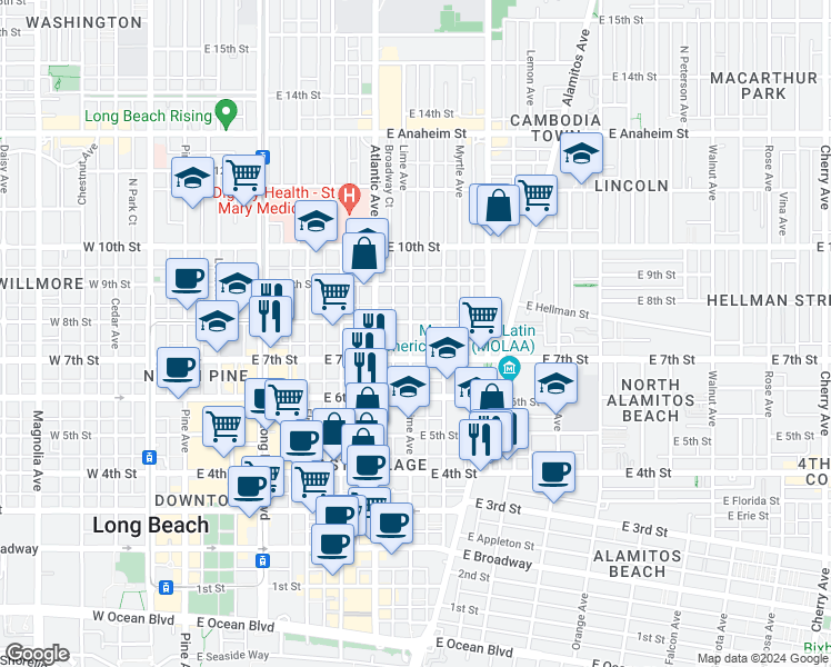 map of restaurants, bars, coffee shops, grocery stores, and more near 707 East 7th Street in Long Beach