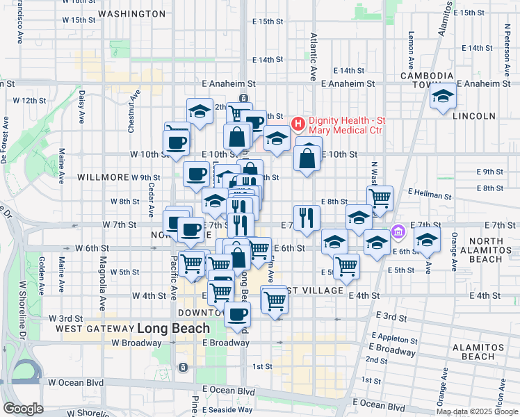 map of restaurants, bars, coffee shops, grocery stores, and more near 357 East 7th Street in Long Beach