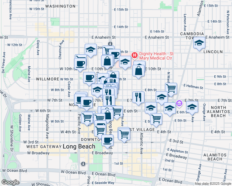 map of restaurants, bars, coffee shops, grocery stores, and more near 357 East 7th Street in Long Beach