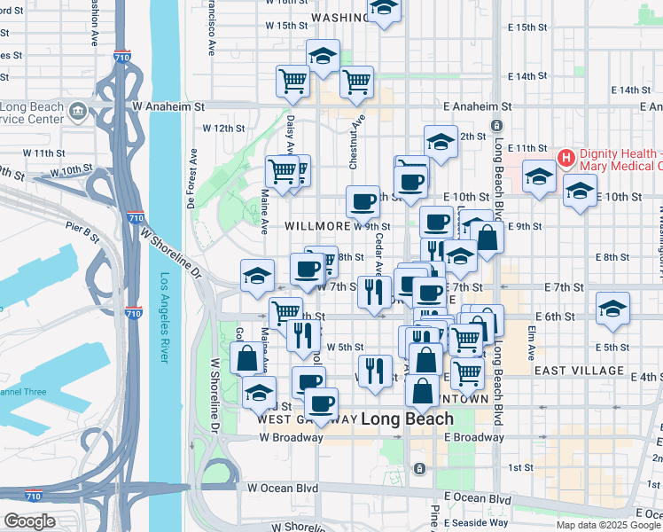 map of restaurants, bars, coffee shops, grocery stores, and more near 403 North Virginia Court in Long Beach