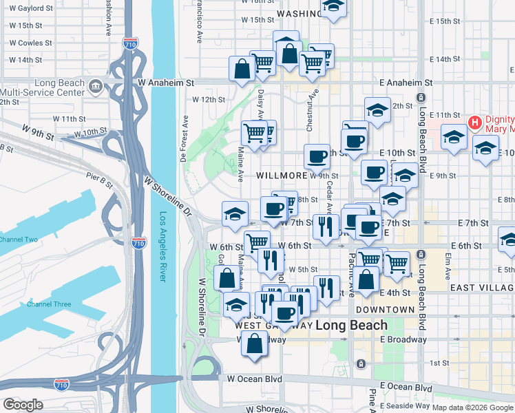 map of restaurants, bars, coffee shops, grocery stores, and more near 619 West 7th Street in Long Beach