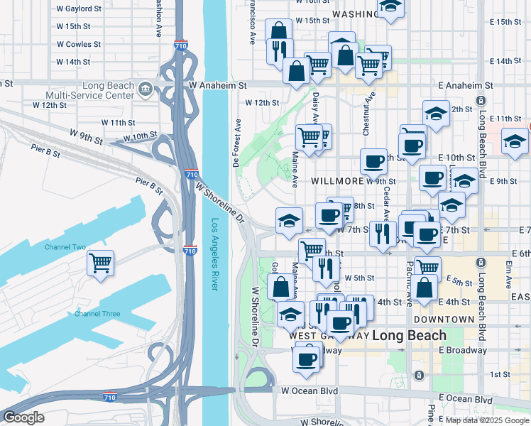 map of restaurants, bars, coffee shops, grocery stores, and more near 636 San Francisco Avenue in Long Beach