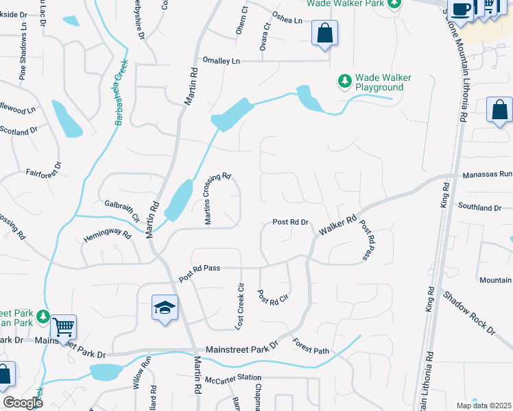map of restaurants, bars, coffee shops, grocery stores, and more near 682 Leighton Way in Stone Mountain
