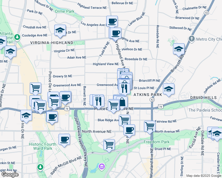 map of restaurants, bars, coffee shops, grocery stores, and more near 991 Greenwood Avenue Northeast in Atlanta