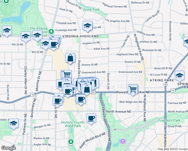map of restaurants, bars, coffee shops, grocery stores, and more near 791 Saint Charles Avenue Northeast in Atlanta