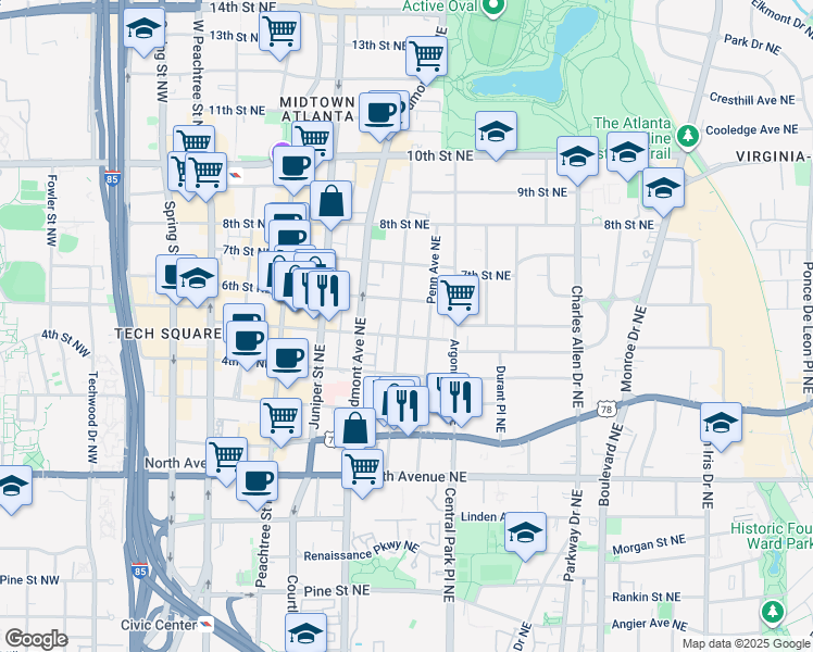 map of restaurants, bars, coffee shops, grocery stores, and more near in Atlanta