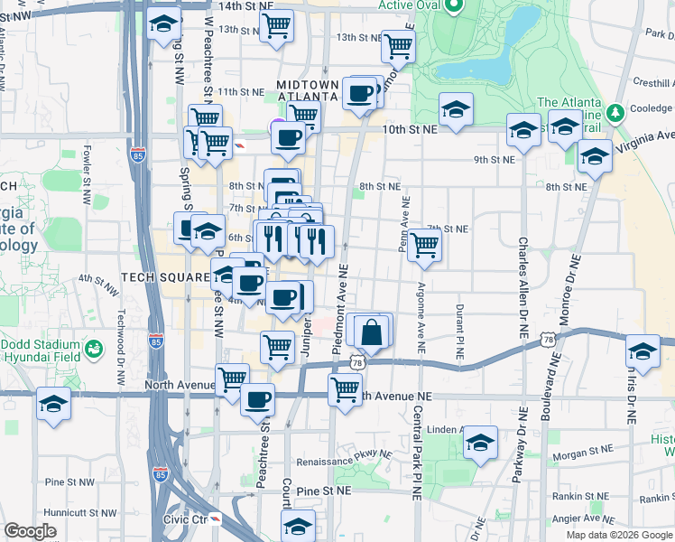 map of restaurants, bars, coffee shops, grocery stores, and more near 790 Piedmont Avenue Northeast in Atlanta