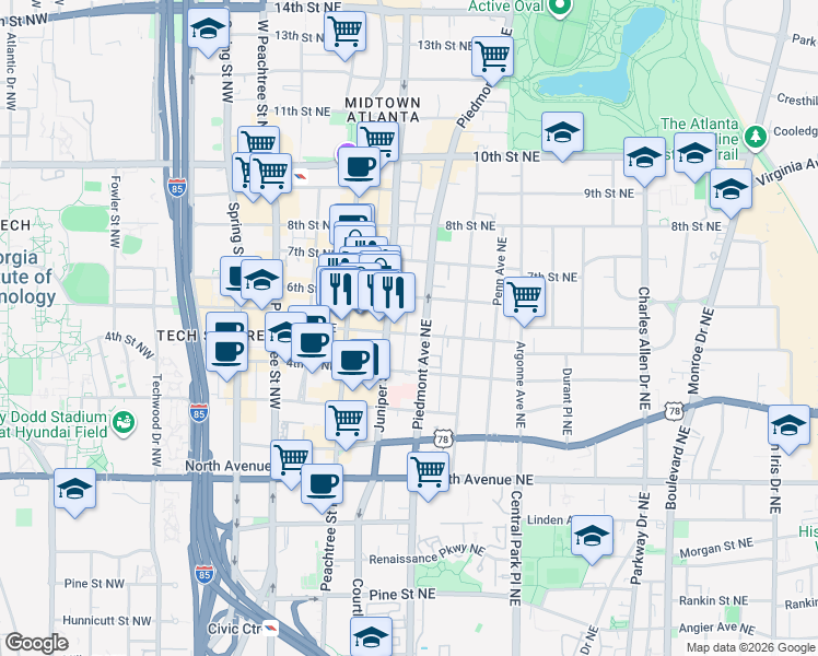 map of restaurants, bars, coffee shops, grocery stores, and more near 727 Juniper Street Northeast in Atlanta