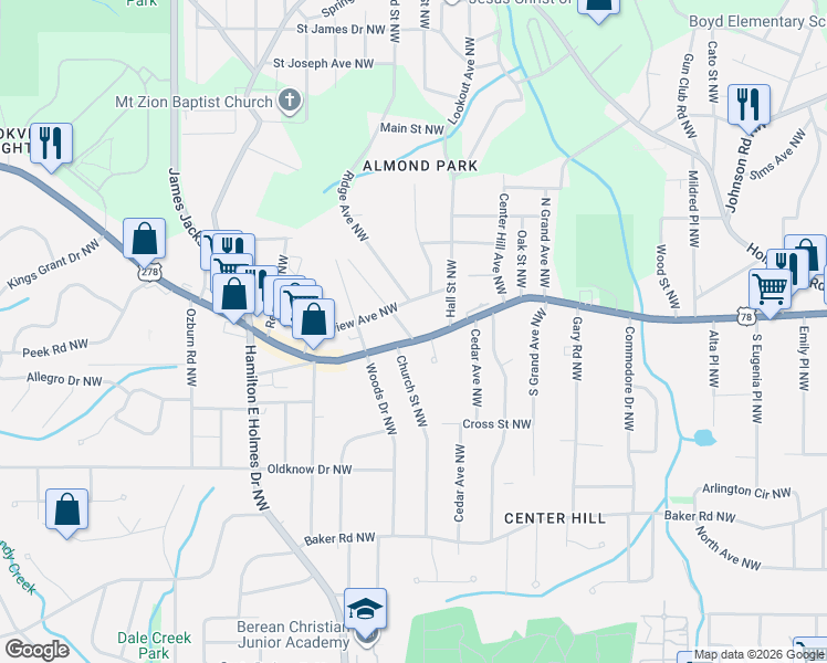 map of restaurants, bars, coffee shops, grocery stores, and more near 2520 U.S. 78 in Atlanta