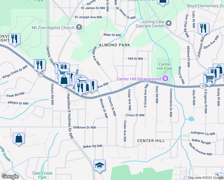 map of restaurants, bars, coffee shops, grocery stores, and more near 2499 Donald Lee Hollowell Parkway Northwest in Atlanta