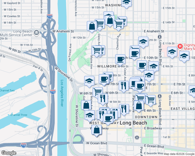 map of restaurants, bars, coffee shops, grocery stores, and more near 619 West 7th Street in Long Beach
