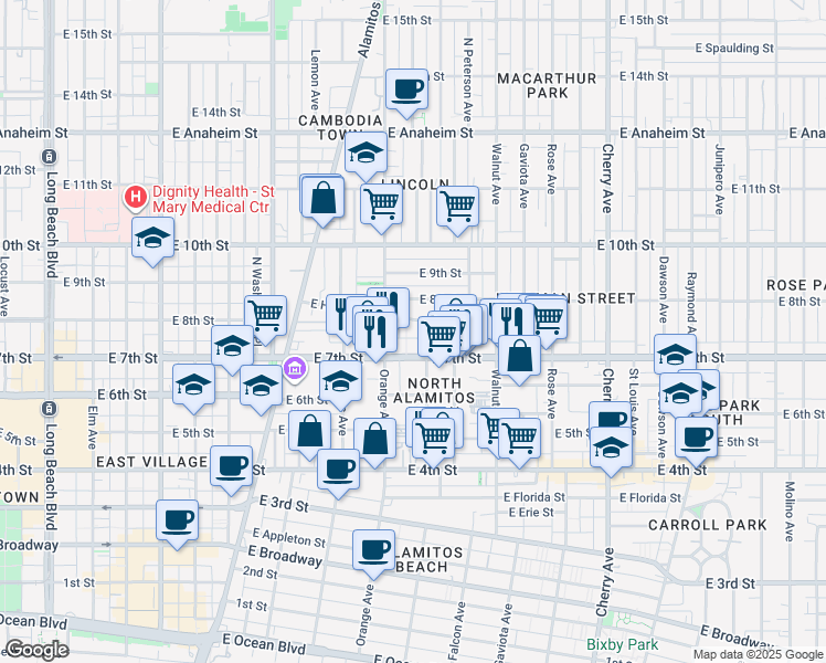 map of restaurants, bars, coffee shops, grocery stores, and more near 1306 East Hellman Street in Long Beach