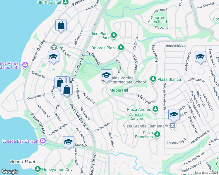 map of restaurants, bars, coffee shops, grocery stores, and more near 1305 Vía Romero in Palos Verdes Estates