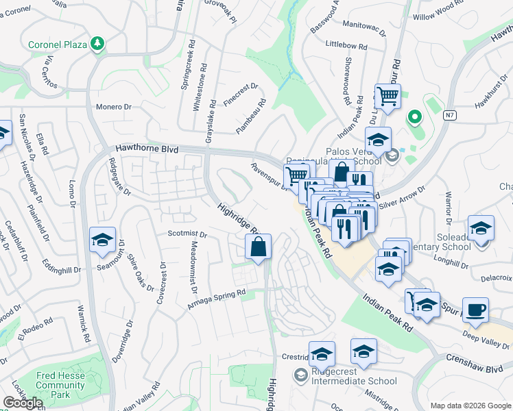 map of restaurants, bars, coffee shops, grocery stores, and more near in Palos Verdes Estates