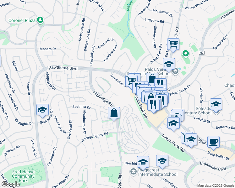 map of restaurants, bars, coffee shops, grocery stores, and more near 28124 Peacock Ridge Drive in Rancho Palos Verdes