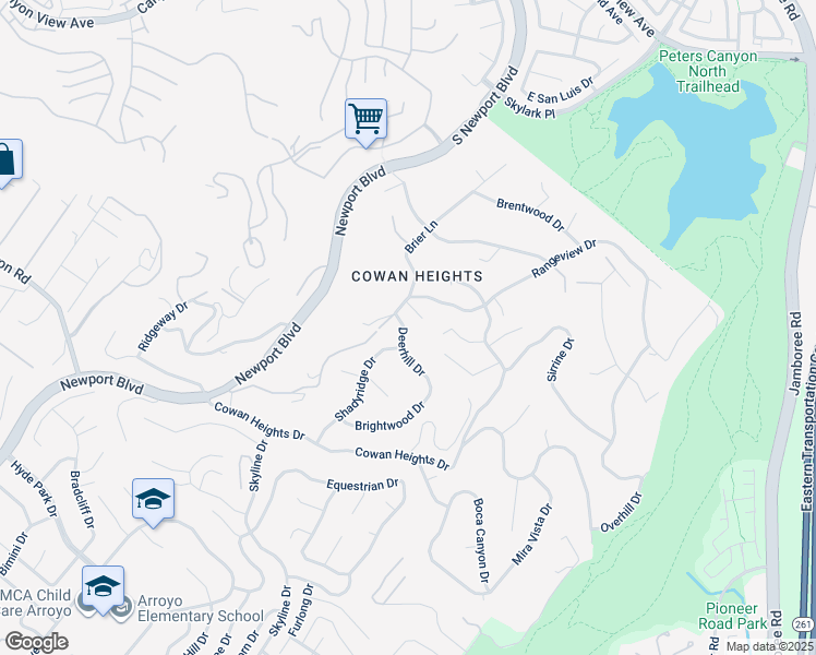 map of restaurants, bars, coffee shops, grocery stores, and more near 10222 Deerhill Drive in Santa Ana