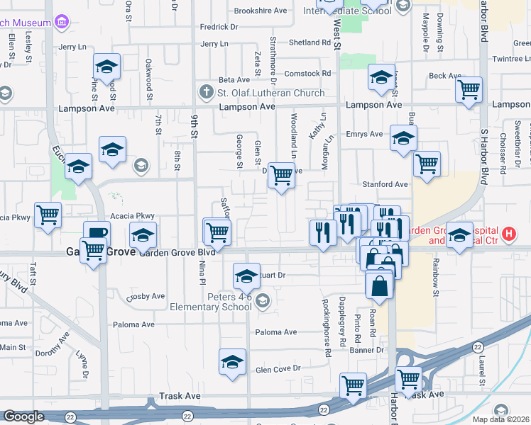 map of restaurants, bars, coffee shops, grocery stores, and more near 12904 Newhope Street in Garden Grove