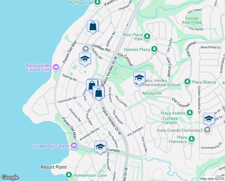 map of restaurants, bars, coffee shops, grocery stores, and more near 2301 Vía Rivera in Palos Verdes Estates