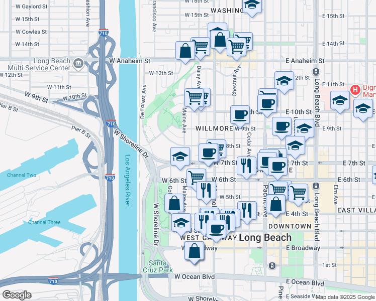 map of restaurants, bars, coffee shops, grocery stores, and more near 746 Maine Avenue in Long Beach