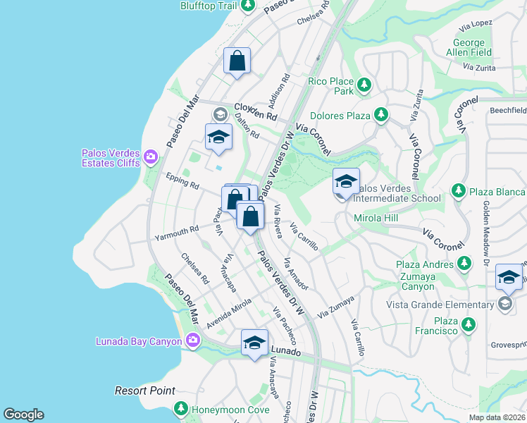 map of restaurants, bars, coffee shops, grocery stores, and more near in Palos Verdes Estates