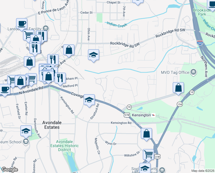map of restaurants, bars, coffee shops, grocery stores, and more near 710 Stratford Green in Avondale Estates