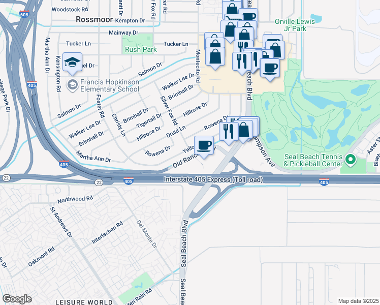 map of restaurants, bars, coffee shops, grocery stores, and more near 3162 Yellowtail Drive in Los Alamitos