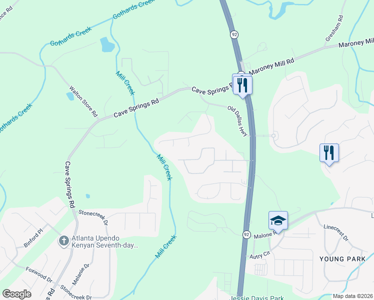 map of restaurants, bars, coffee shops, grocery stores, and more near 7386 Birch Hollow Place in Douglasville