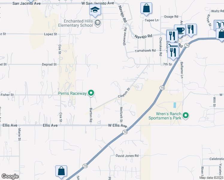 map of restaurants, bars, coffee shops, grocery stores, and more near 1020 Clayton Street in Perris