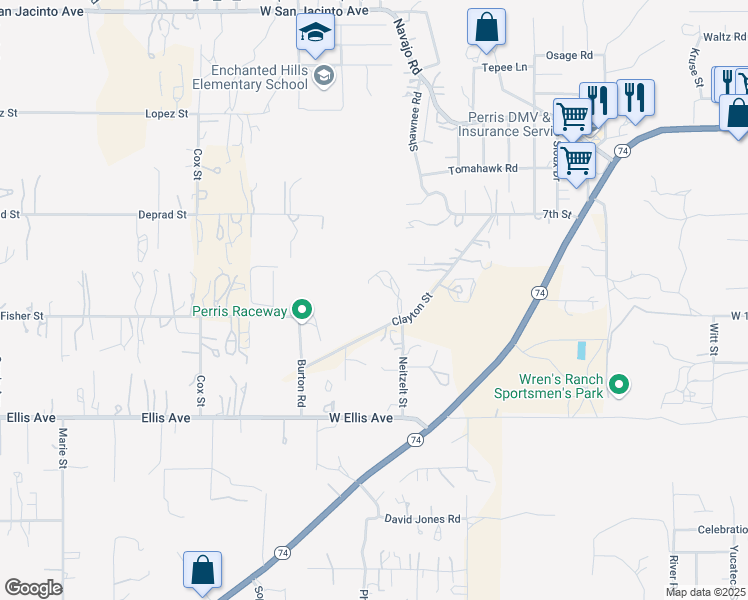 map of restaurants, bars, coffee shops, grocery stores, and more near 1020 Clayton Street in Perris