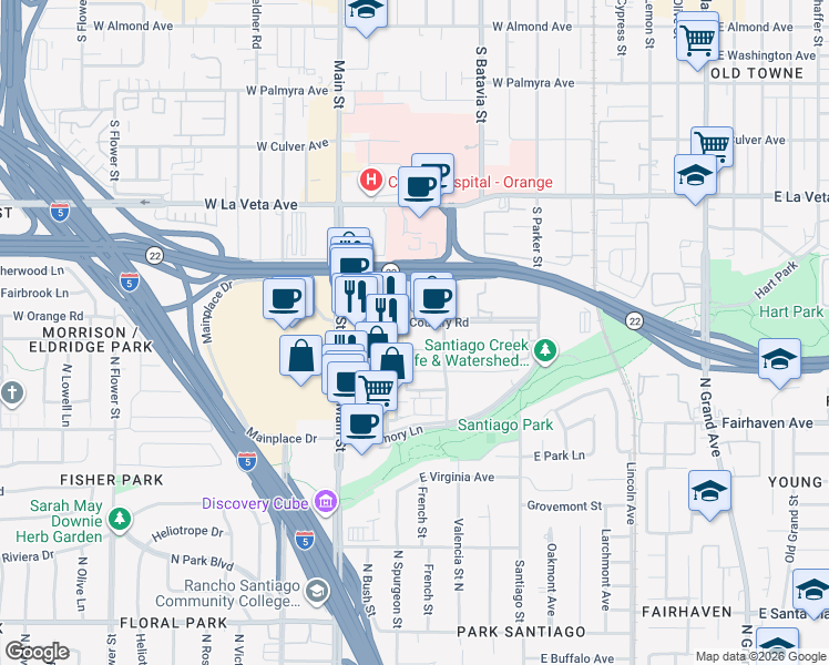 map of restaurants, bars, coffee shops, grocery stores, and more near 2700-2998 Lawson Way in Orange