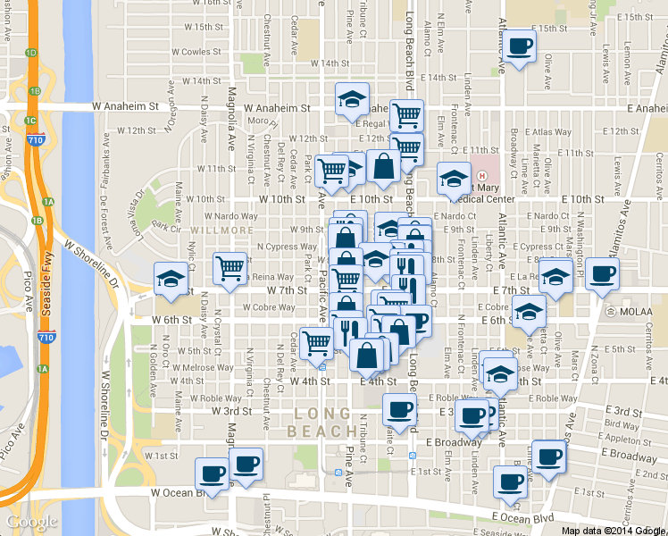 map of restaurants, bars, coffee shops, grocery stores, and more near 701 Pine Avenue in Long Beach