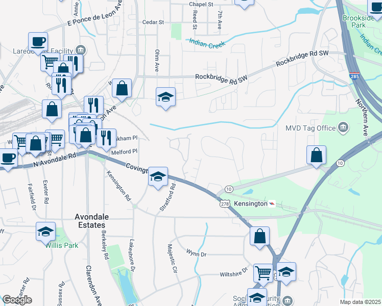 map of restaurants, bars, coffee shops, grocery stores, and more near 547 Stratford Green in Avondale Estates