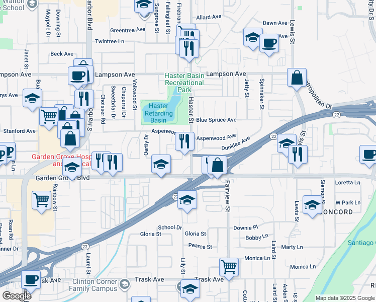 map of restaurants, bars, coffee shops, grocery stores, and more near 12851 Haster Street in Garden Grove