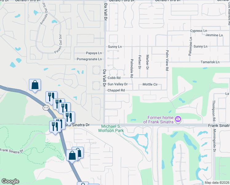 map of restaurants, bars, coffee shops, grocery stores, and more near 70091 Chappel Road in Rancho Mirage