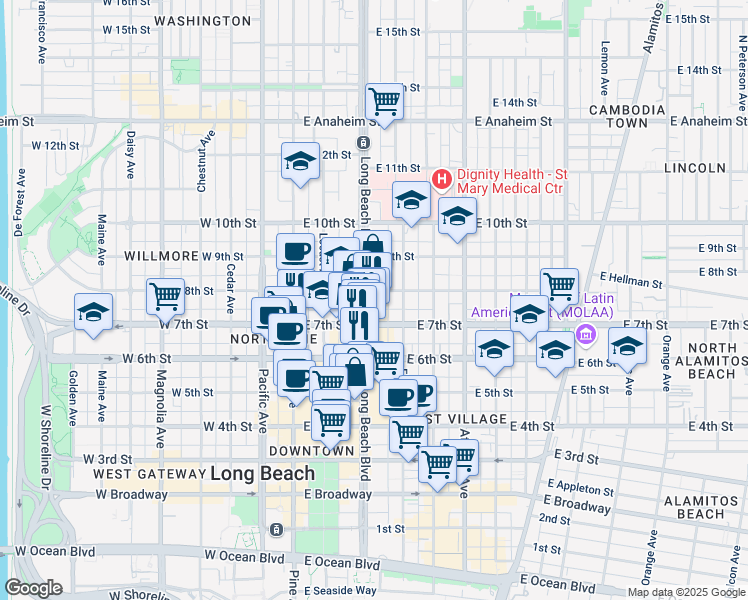 map of restaurants, bars, coffee shops, grocery stores, and more near 701 Long Beach Boulevard in Long Beach