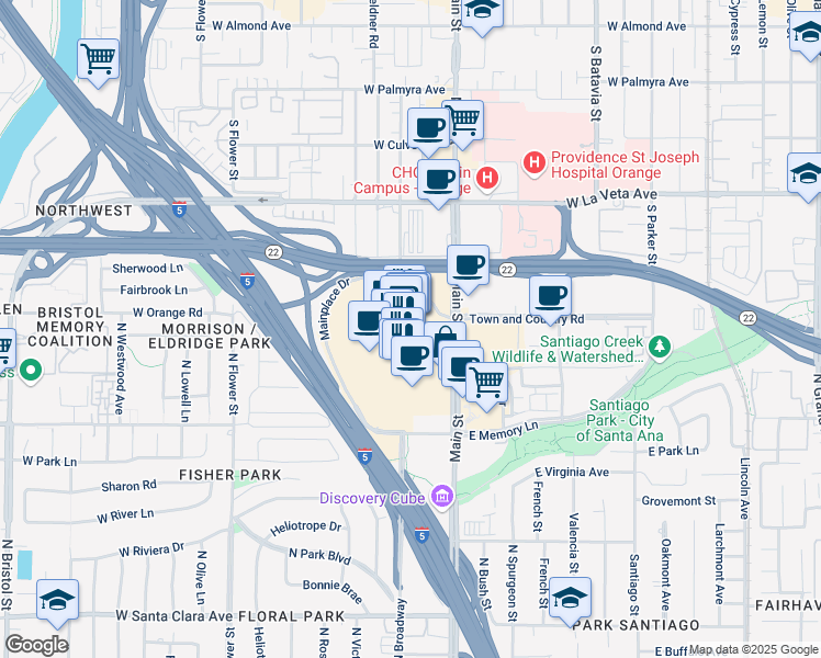 map of restaurants, bars, coffee shops, grocery stores, and more near 2850 North Main Street in Santa Ana
