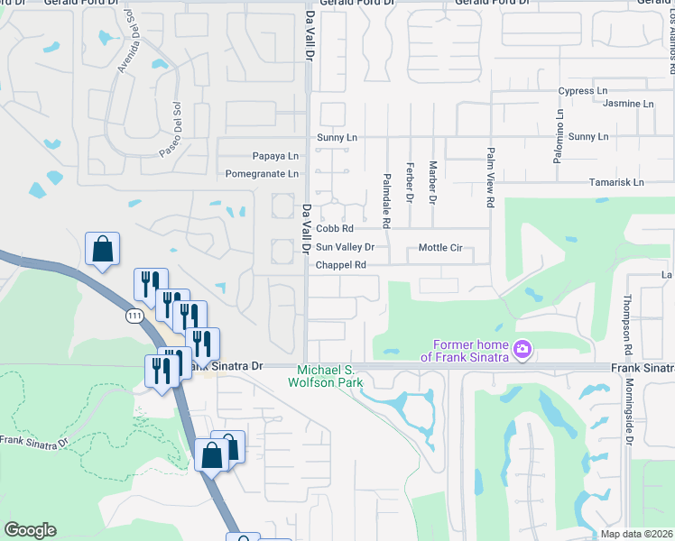 map of restaurants, bars, coffee shops, grocery stores, and more near 70091 Chappel Road in Rancho Mirage