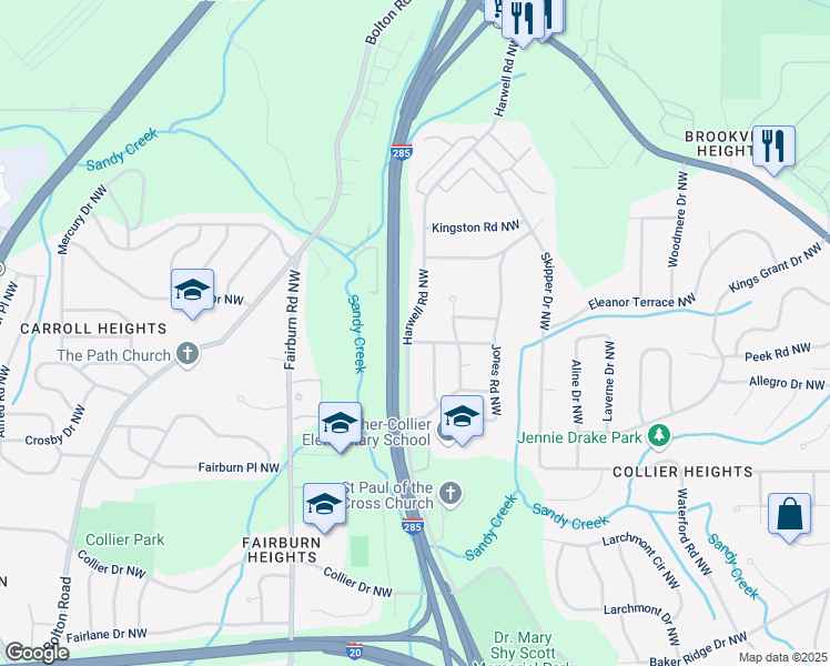 map of restaurants, bars, coffee shops, grocery stores, and more near 3293 Hobart Drive Northwest in Atlanta