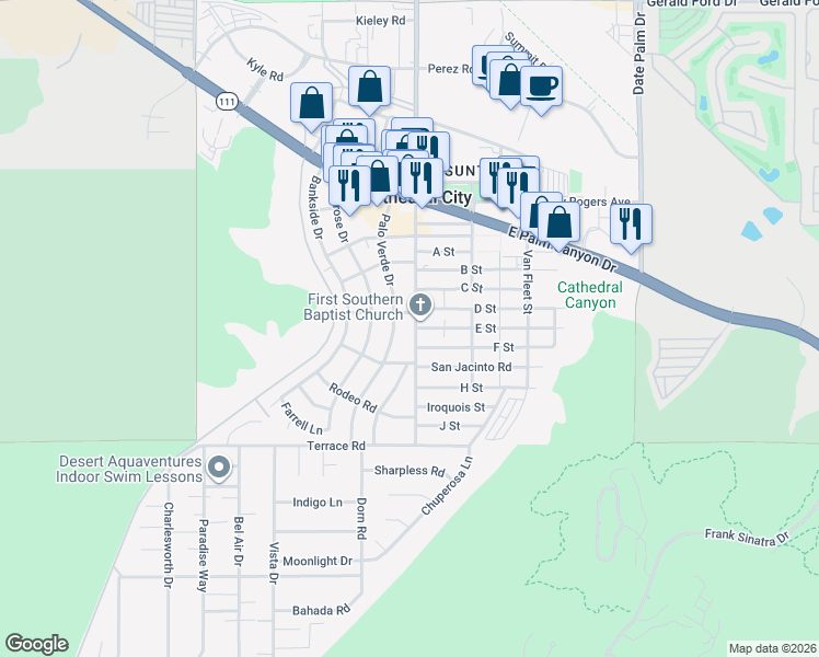map of restaurants, bars, coffee shops, grocery stores, and more near 37586 Palo Verde Drive in Cathedral City