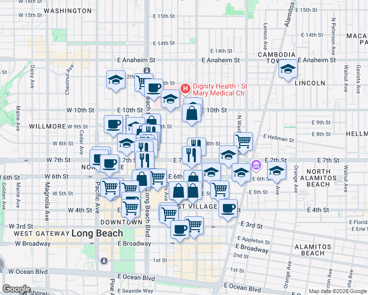 map of restaurants, bars, coffee shops, grocery stores, and more near 748 Linden Avenue in Long Beach