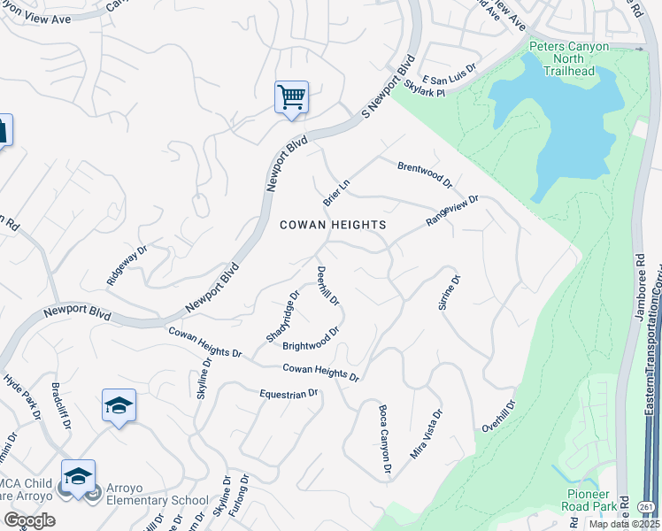 map of restaurants, bars, coffee shops, grocery stores, and more near 10222 Deerhill Drive in Santa Ana