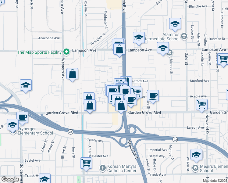 map of restaurants, bars, coffee shops, grocery stores, and more near 386 Sunrise Lane in Stanton